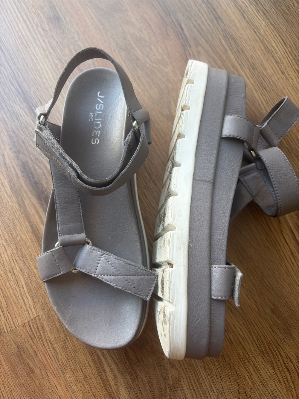 J/SLIDES Taupe Platform Sandals with Adjustable Ankle Strap